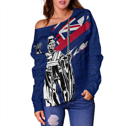 Hawaii Off Shoulder Sweatshirt Tribal Flag King Kamehameha Crack Style