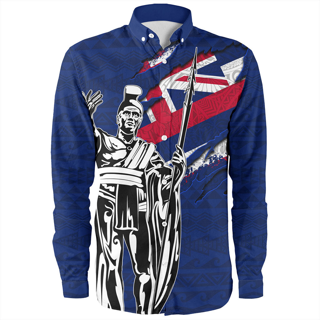 Hawaii Long Sleeve Shirt Tribal Flag King Kamehameha Crack Style