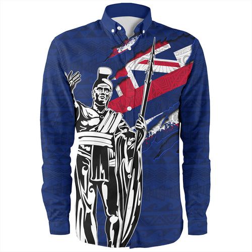 Hawaii Long Sleeve Shirt Tribal Flag King Kamehameha Crack Style