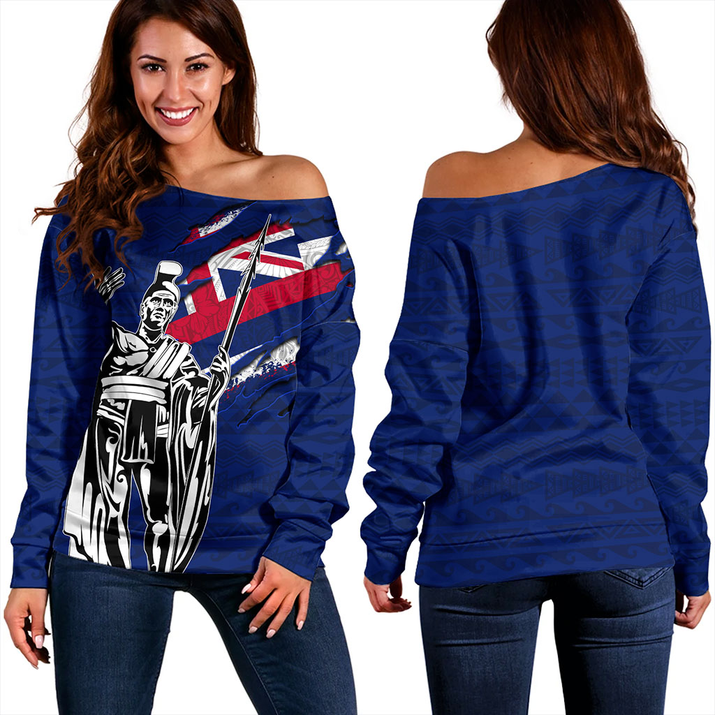 Hawaii Off Shoulder Sweatshirt Tribal Flag King Kamehameha Crack Style