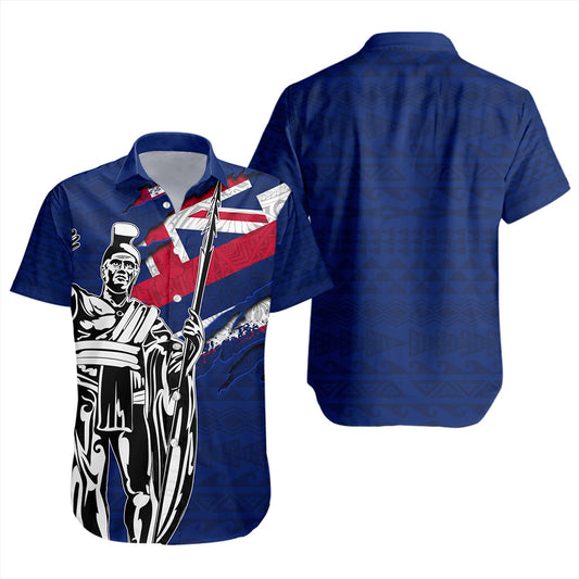 Hawaii Short Sleeve Shirt Tribal Flag King Kamehameha Crack Style