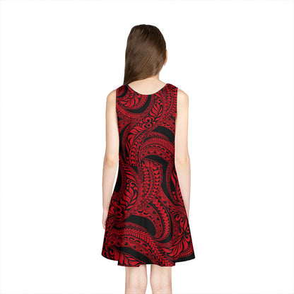 Hawaii Girls Sleeveless Sundress Tribal Pattern Polynesian Red