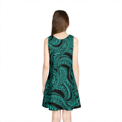 Hawaii Girls Sleeveless Sundress Tribal Pattern Polynesian Turquoise