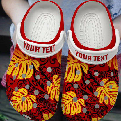 Hawaii Clogs Shoes Custom Text Tribal Polynesia Fabric Leaves