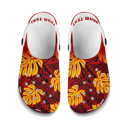 Hawaii Clogs Shoes Custom Text Tribal Polynesia Fabric Leaves