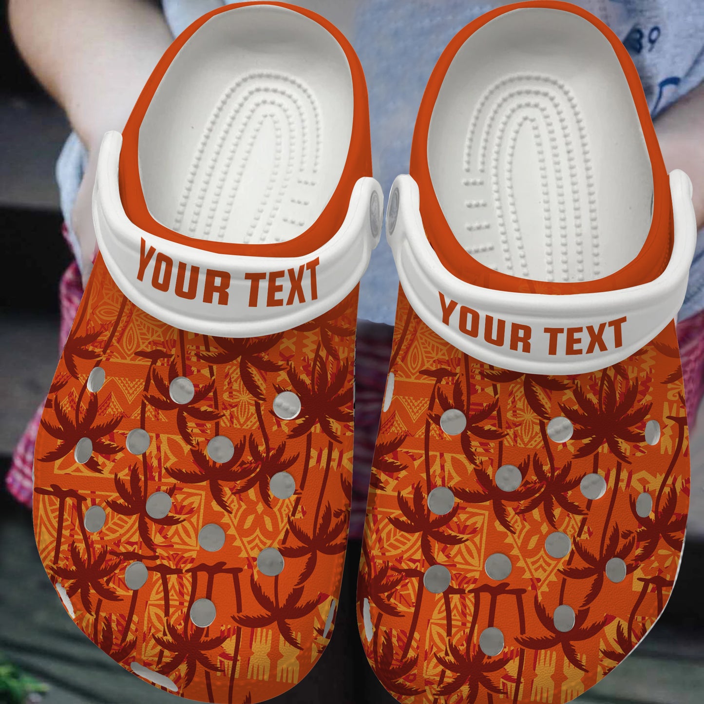 Hawaii Clogs Shoes Custom Text Tropical Palm Trees With Hawaiian Tapa Cloth