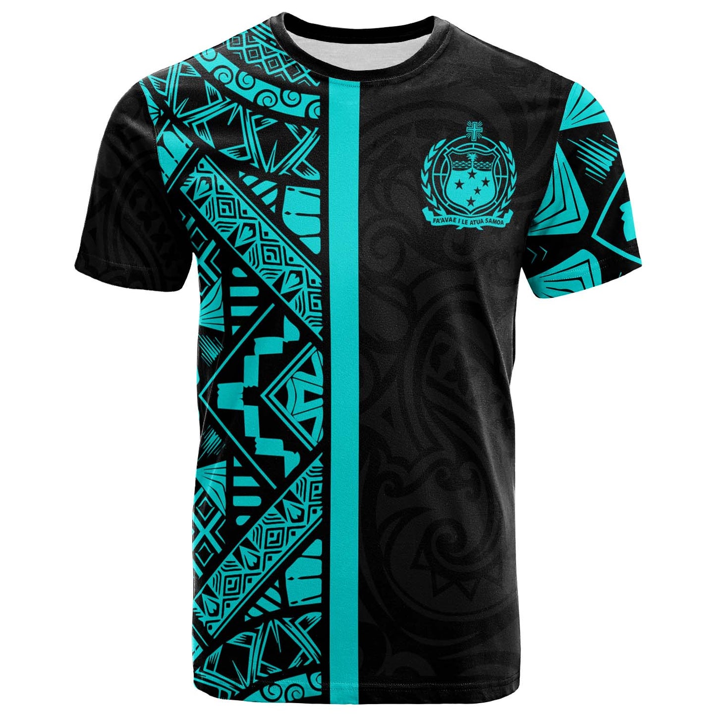 Samoa T-Shirt - Samoa Coat Of Arms With Polynesian Tribal Pattern Turquoise