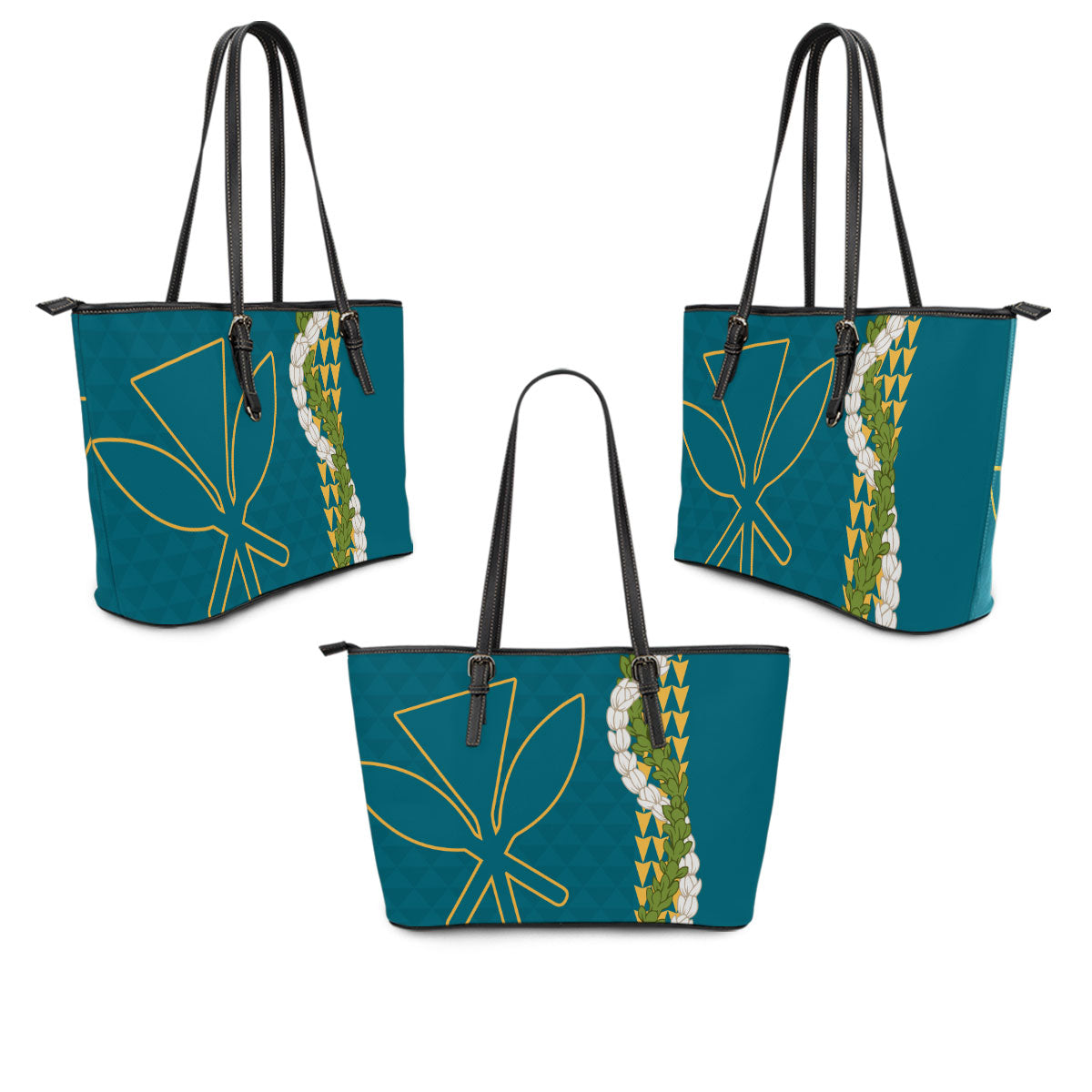 Hawaii Leather Tote Bag Kanaka Maoli Puakenikeni Maile Flower Lei