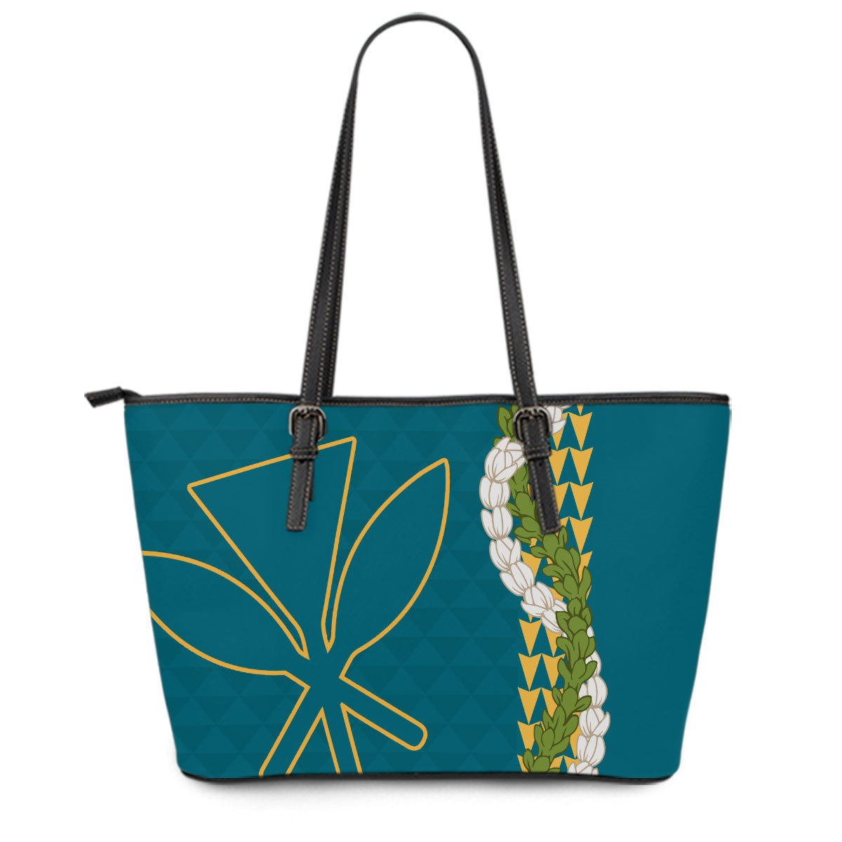 Hawaii Leather Tote Bag Kanaka Maoli Puakenikeni Maile Flower Lei