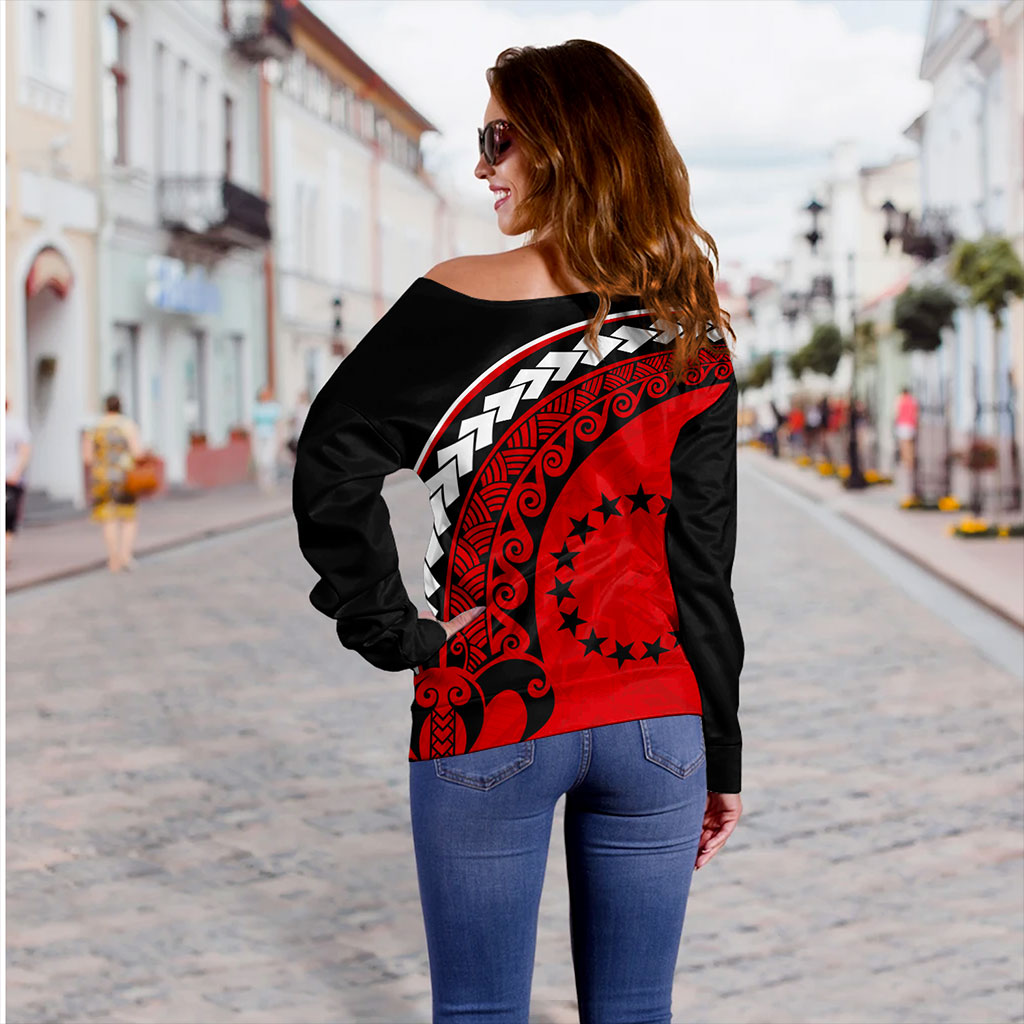 Cook Islands Off Shoulder Sweatshirt Turtle Polynesian Tribal Coat Of Arms