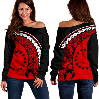 Cook Islands Off Shoulder Sweatshirt Turtle Polynesian Tribal Coat Of Arms