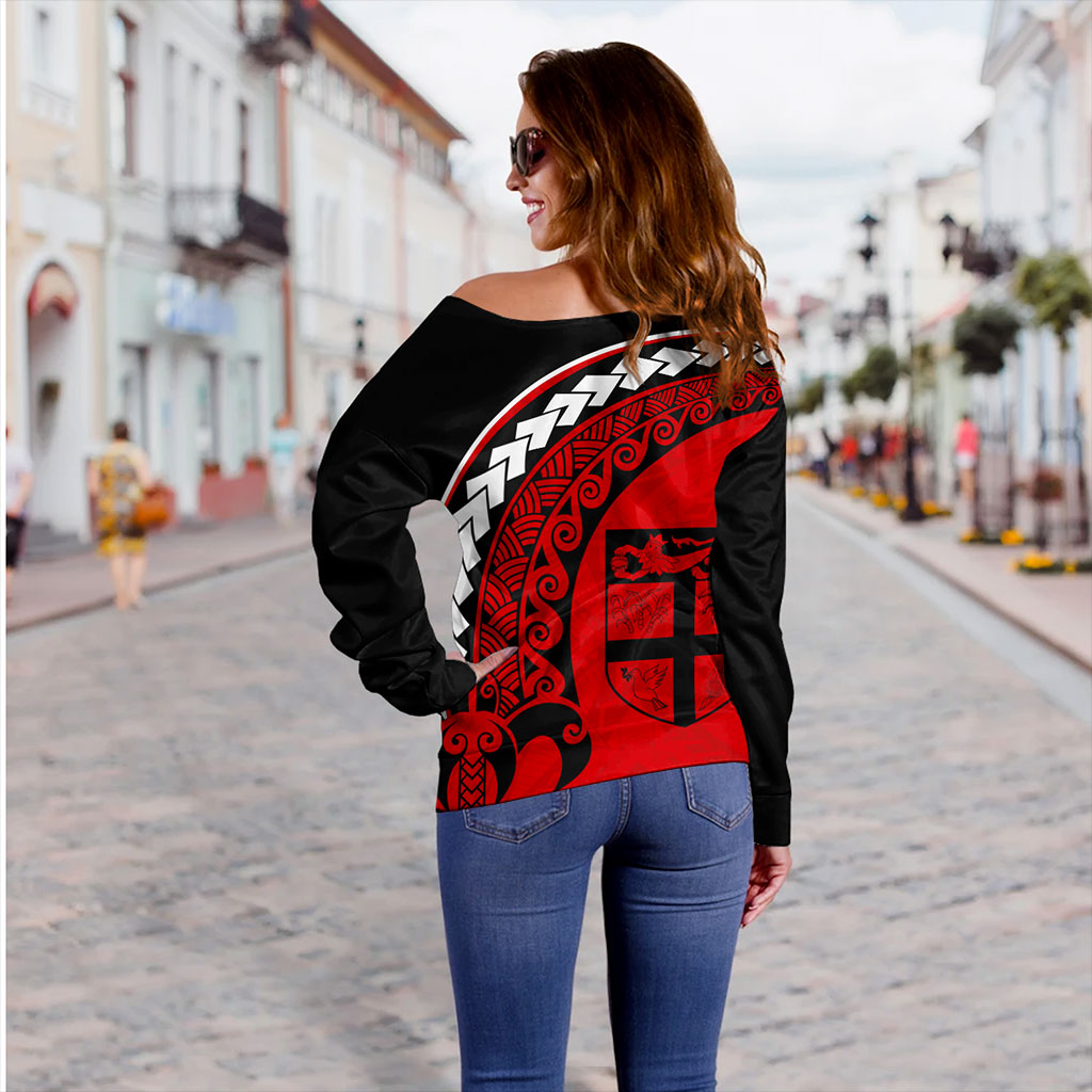 Fiji Off Shoulder Sweatshirt Turtle Polynesian Tribal Coat Of Arms