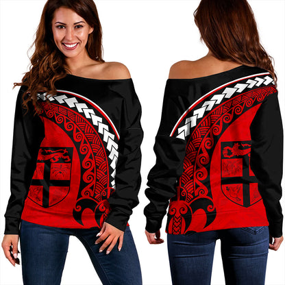 Fiji Off Shoulder Sweatshirt Turtle Polynesian Tribal Coat Of Arms