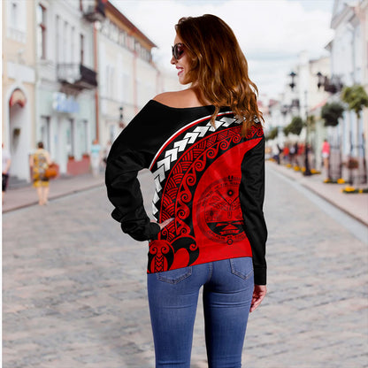 Marshall Islands Off Shoulder Sweatshirt Turtle Polynesian Tribal Coat Of Arms