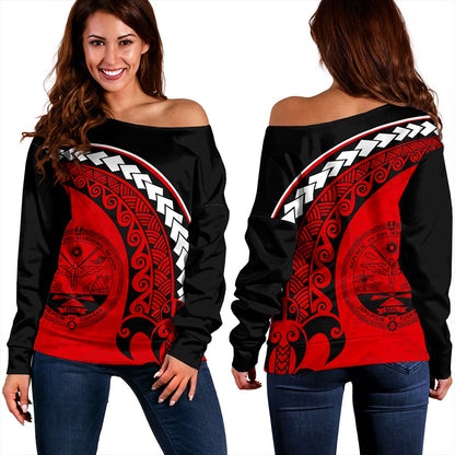 Marshall Islands Off Shoulder Sweatshirt Turtle Polynesian Tribal Coat Of Arms