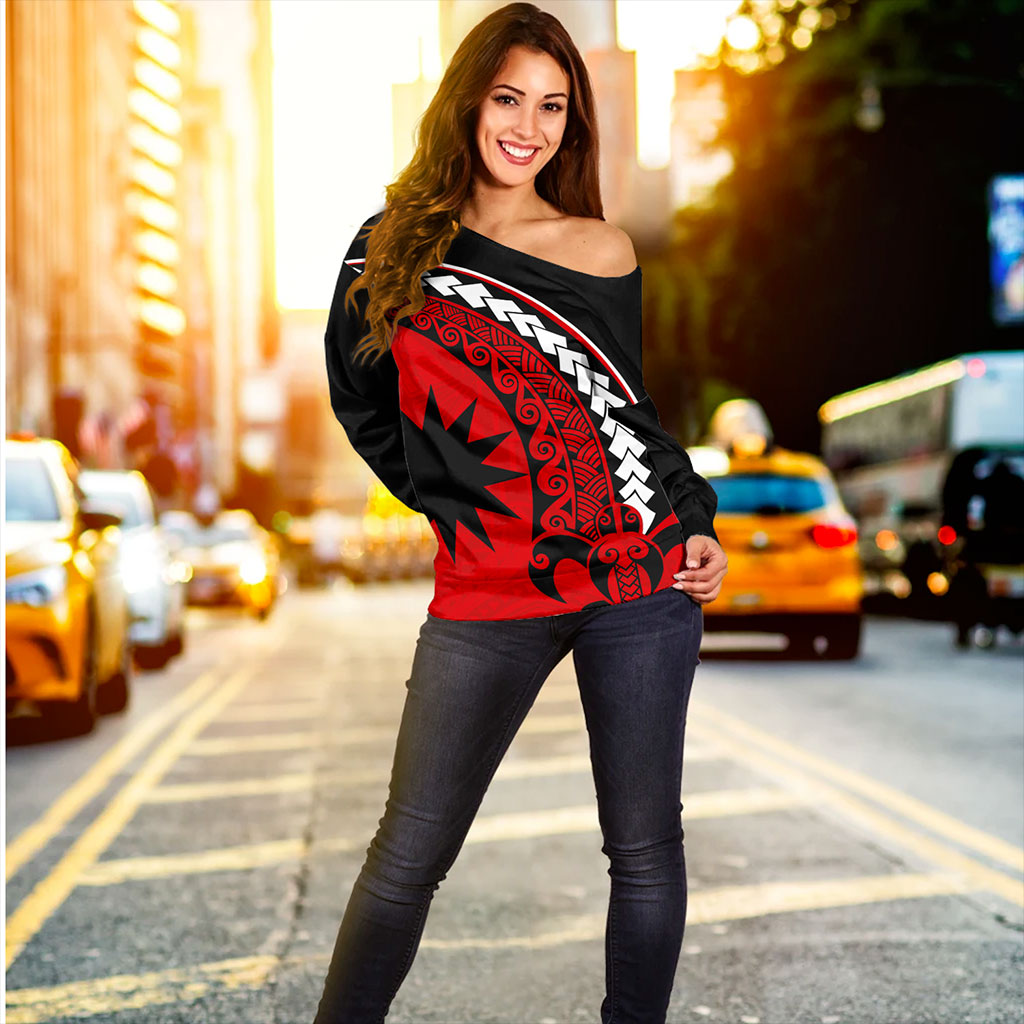 Nauru Off Shoulder Sweatshirt Turtle Polynesian Tribal Coat Of Arms