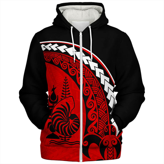 New Caledonia Sherpa Hoodie Turtle Polynesian Tribal Coat Of Arms