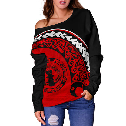 Northern Mariana Islands Off Shoulder Sweatshirt Turtle Polynesian Tribal Coat Of Arms