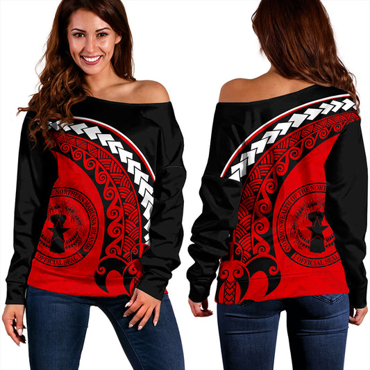 Northern Mariana Islands Off Shoulder Sweatshirt Turtle Polynesian Tribal Coat Of Arms