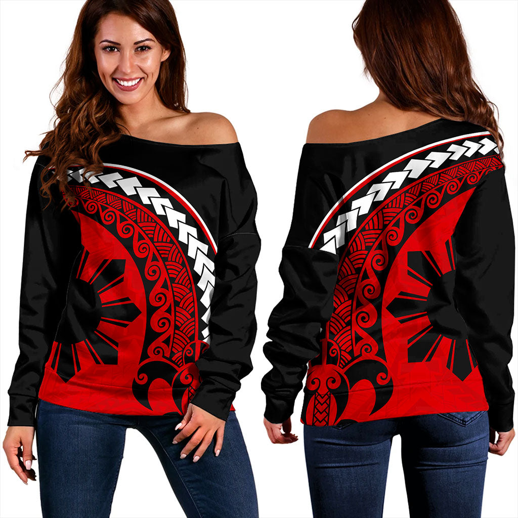 Philippines Filipinos Off Shoulder Sweatshirt Turtle Polynesian Tribal Coat Of Arms