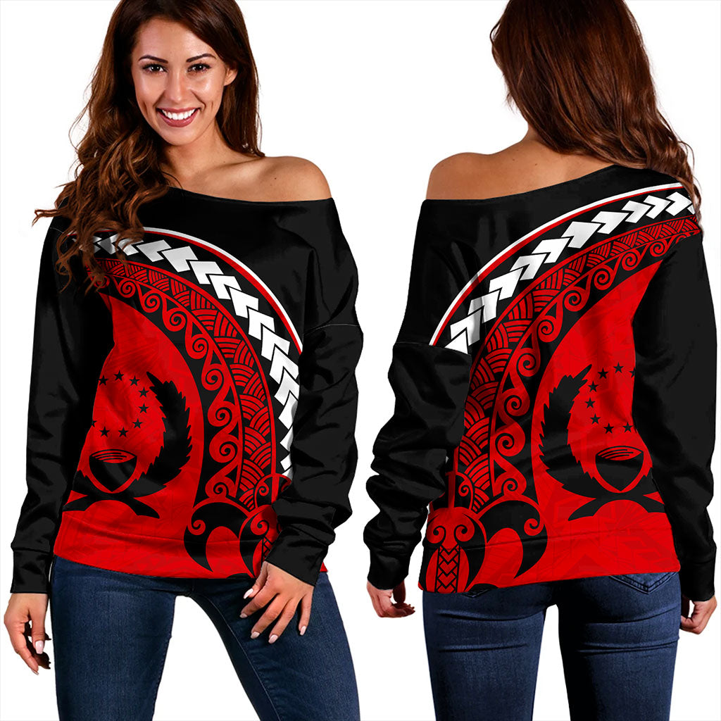 Pohnpei State Off Shoulder Sweatshirt Turtle Polynesian Tribal Coat Of Arms