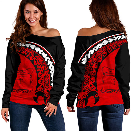 Tokelau Off Shoulder Sweatshirt Turtle Polynesian Tribal Coat Of Arms