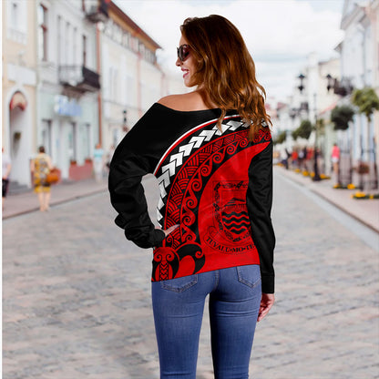 Tuvalu Off Shoulder Sweatshirt Turtle Polynesian Tribal Coat Of Arms