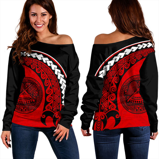 American Samoa Off Shoulder Sweatshirt Turtle Polynesian Tribal Coat Of Arms