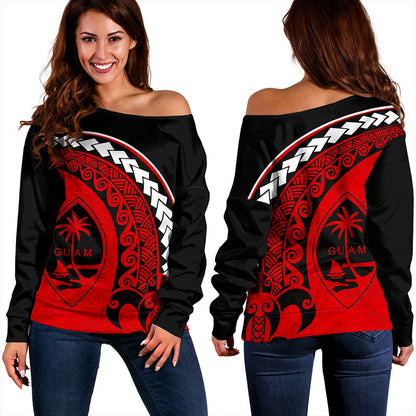 Guam Off Shoulder Sweatshirt Turtle Polynesian Tribal Coat Of Arms