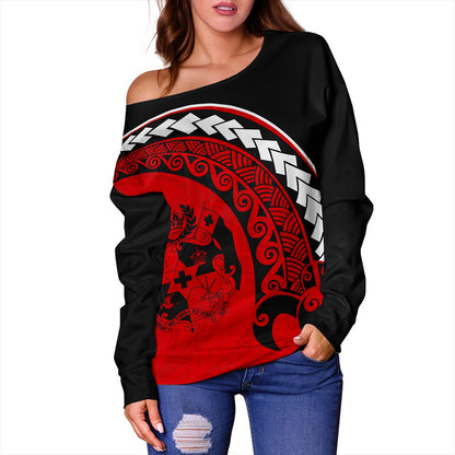 Tonga Off Shoulder Sweatshirt Turtle Polynesian Tribal Coat Of Arms