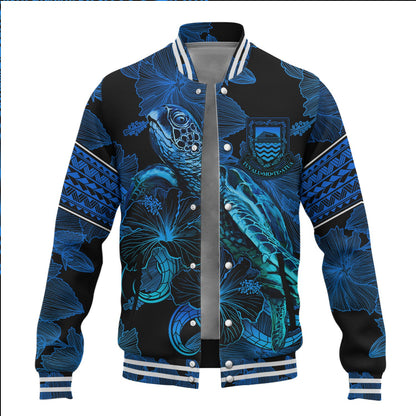 Tuvalu Baseball Jacket Sea Turtle With Blooming Hibiscus Flowers Tribal Blue