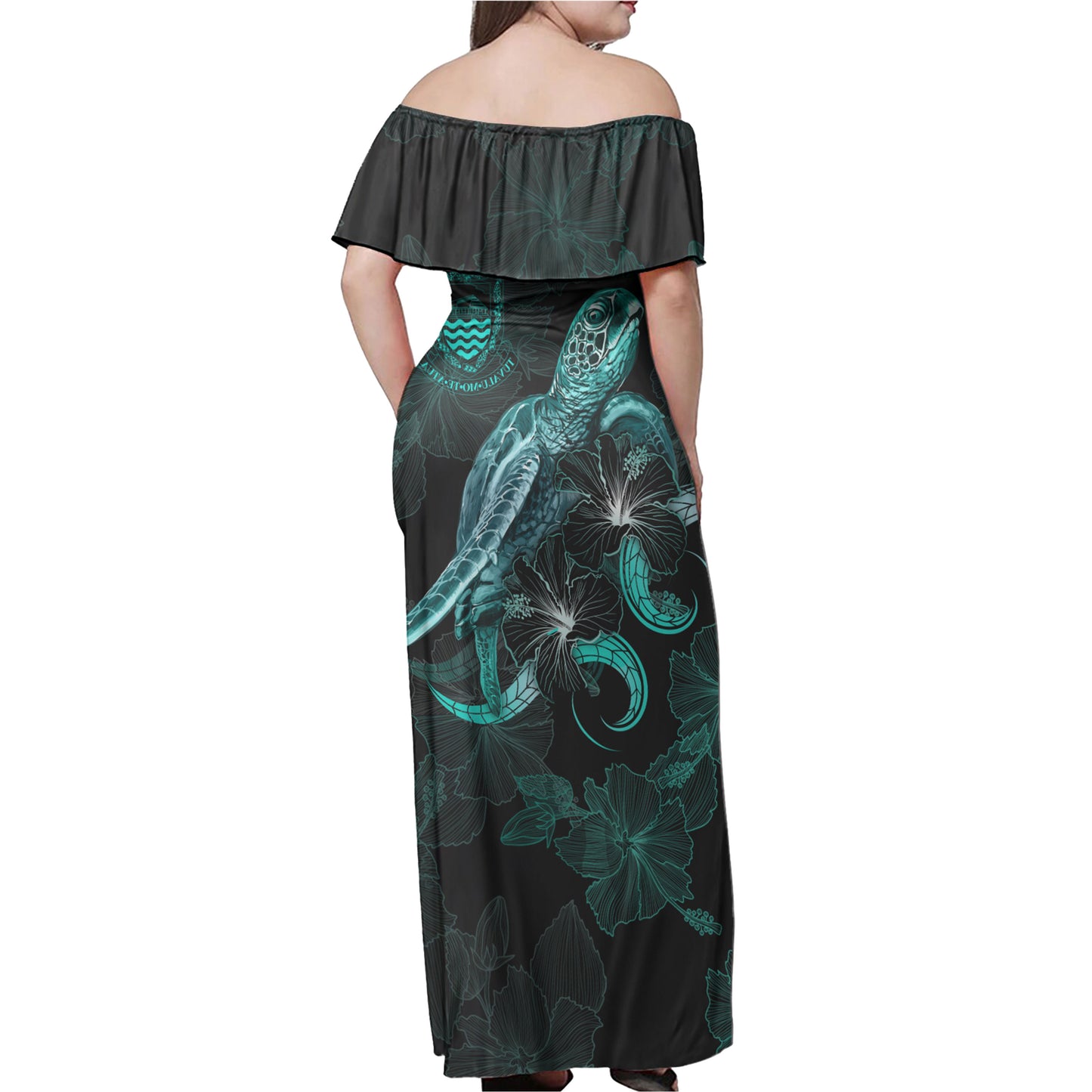Tuvalu Off Shoulder Long Dress - Tuvalu Coat Of Arms With Polynesian Turtle Blooming Hibiscus Turquoise