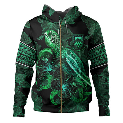 Tuvalu Hoodie  Sea Turtle With Blooming Hibiscus Flowers Tribal Green