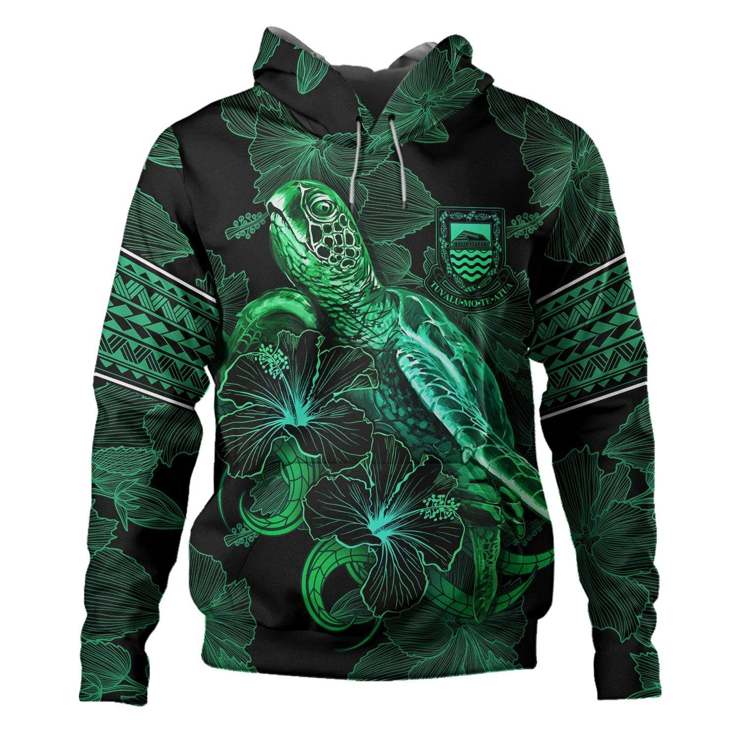 Tuvalu Hoodie  Sea Turtle With Blooming Hibiscus Flowers Tribal Green