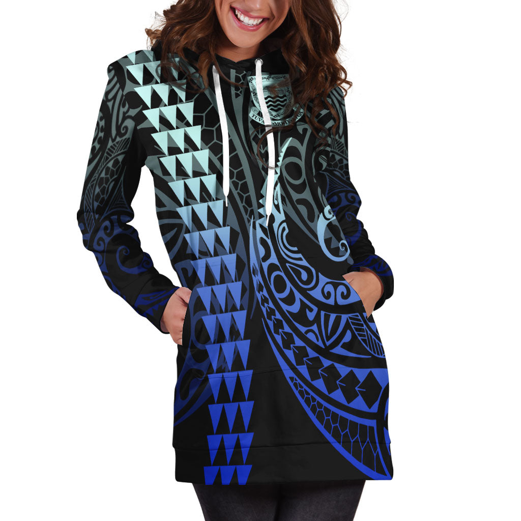 Tuvalu Hoodie Dress Kakau Style Gradient Blue