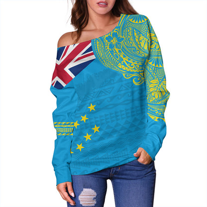 Tuvalu Off Shoulder Sweatshirt Polynesian Flag With Coat Of Arms