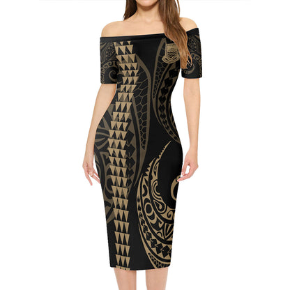 Tuvalu Short Sleeve Off The Shoulder Lady Dress Kakau Style Gold