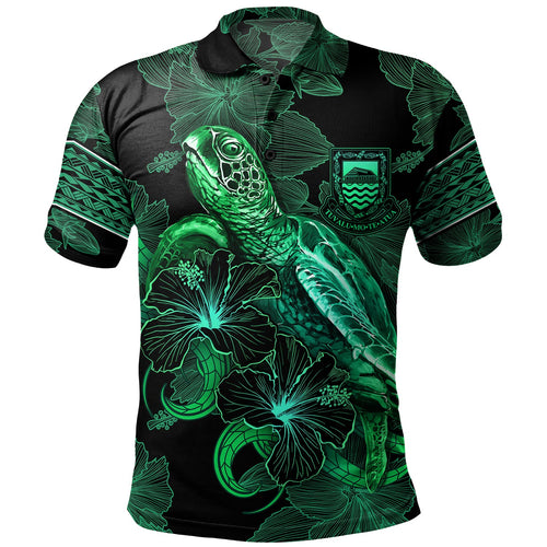 Tuvalu Polo Shirt  Sea Turtle With Blooming Hibiscus Flowers Tribal Green