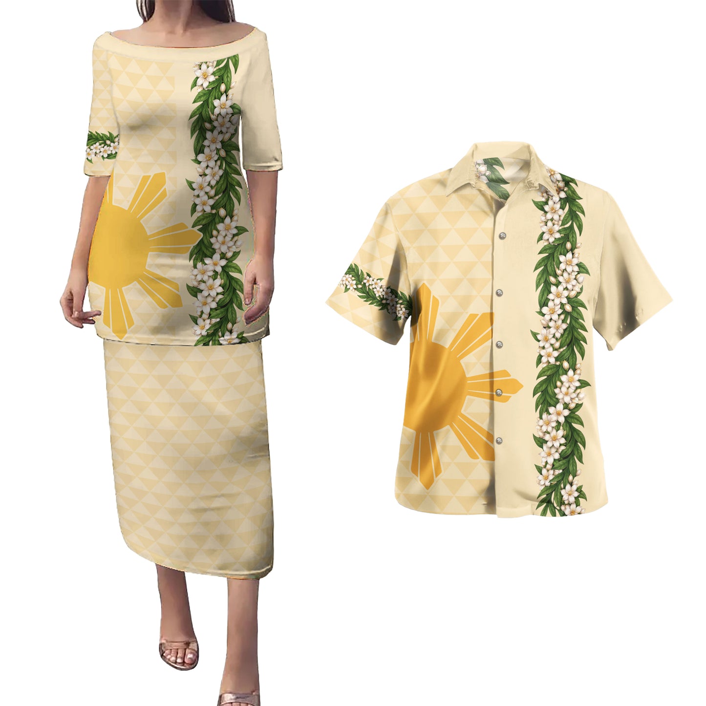 Philippines Filipinos Combo Puletasi And Shirt Sampaguita Flower Sun Pattern Island Style