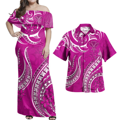 Hawaii Combo Dress And Shirt Kanaka Maoli Tribal Plumeria Print