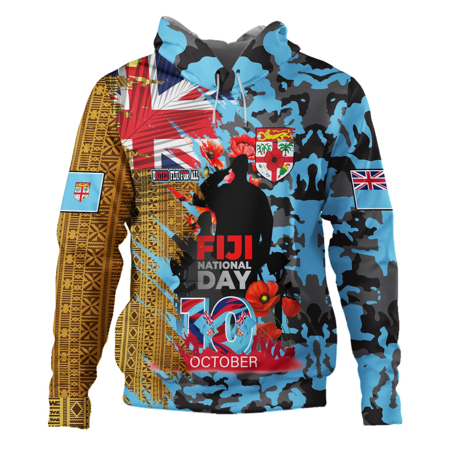 Fiji Hoodie Fiji National Day Red Poppy Half Camouflage x Kesakesa Vakaviti Tapa