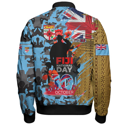 Fiji Bomber Jacket Fiji National Day Red Poppy Half Camouflage x Kesakesa Vakaviti Tapa