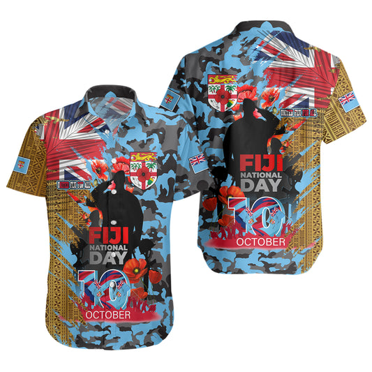Fiji Short Sleeve Shirt Fiji National Day Red Poppy Half Camouflage x Kesakesa Vakaviti Tapa
