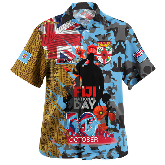 Fiji Hawaiian Shirt Fiji National Day Red Poppy Half Camouflage x Kesakesa Vakaviti Tapa