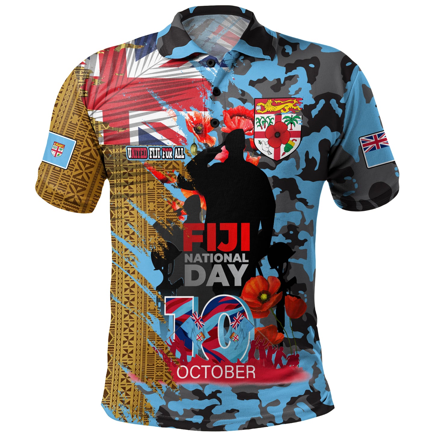 Fiji Polo Shirt Fiji National Day Red Poppy Half Camouflage x Kesakesa Vakaviti Tapa