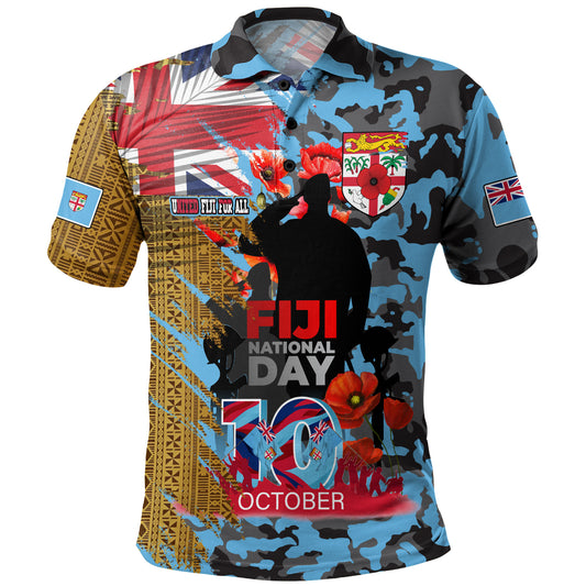 Fiji Polo Shirt Fiji National Day Red Poppy Half Camouflage x Kesakesa Vakaviti Tapa