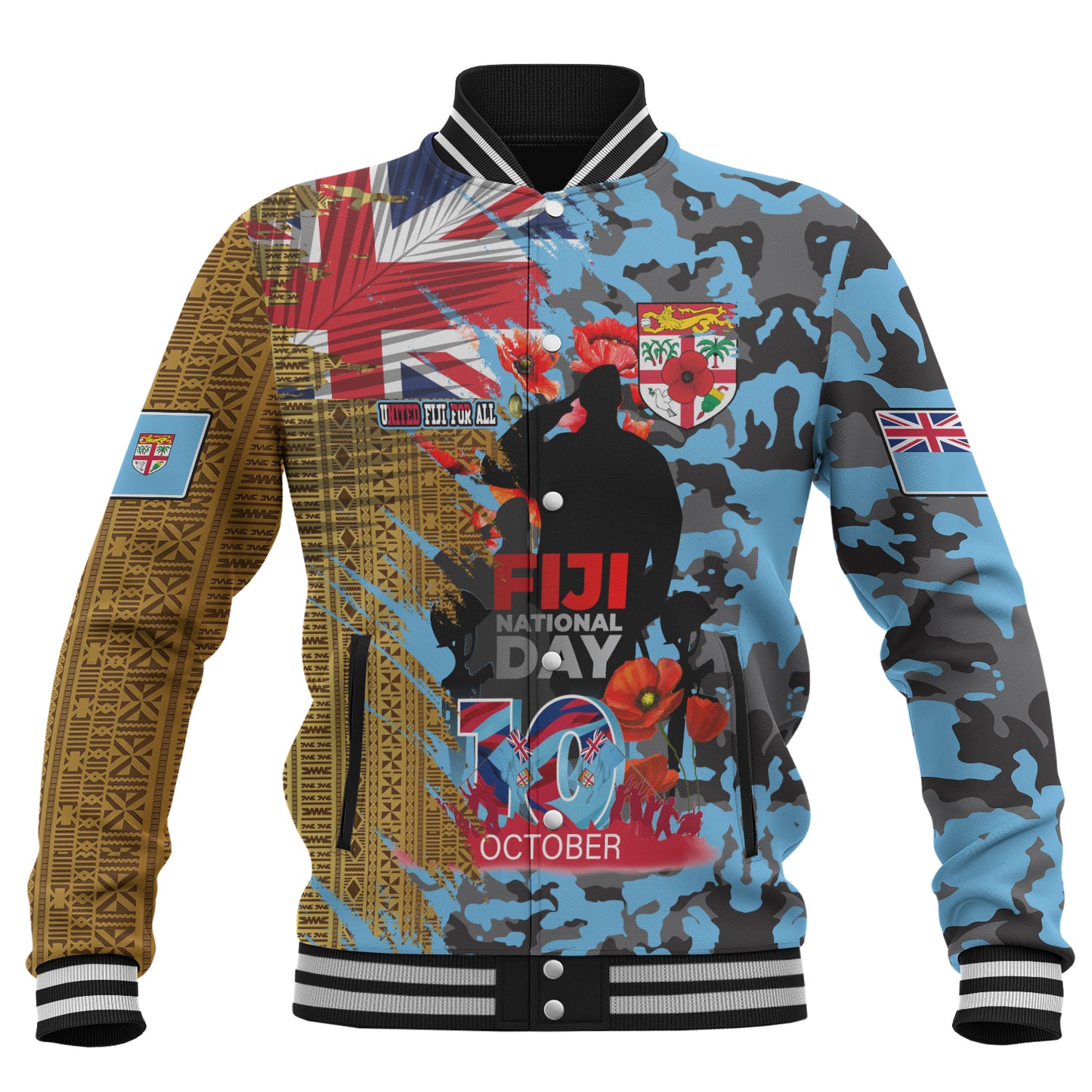 Fiji Baseball Jacket Fiji National Day Red Poppy Half Camouflage x Kesakesa Vakaviti Tapa