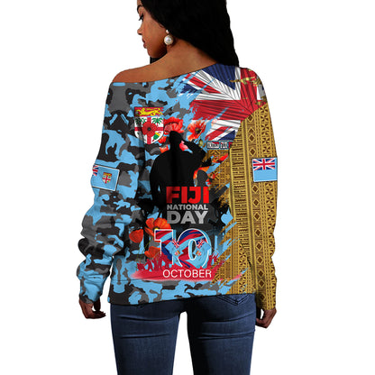 Fiji Off Shoulder Sweatshirt Fiji National Day Red Poppy Half Camouflage x Kesakesa Vakaviti Tapa