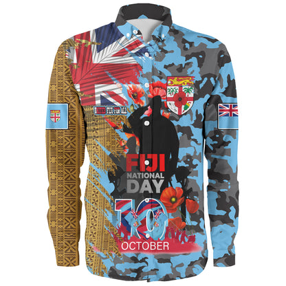 Fiji Long Sleeve Shirt Fiji National Day Red Poppy Half Camouflage x Kesakesa Vakaviti Tapa