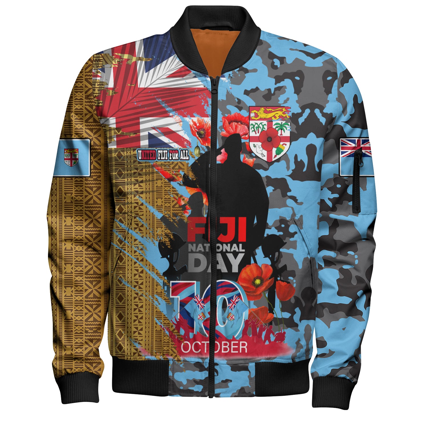 Fiji Bomber Jacket Fiji National Day Red Poppy Half Camouflage x Kesakesa Vakaviti Tapa